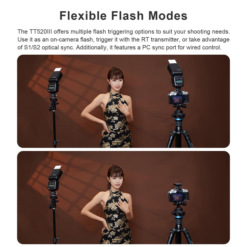 GODOX TT520III Camera Flash - Speedlite, Built-in Receiver and RT Transmitter Compatible for Canon Nikon Sony Olympus Pentax Fuji DSLR Etc Cameras
