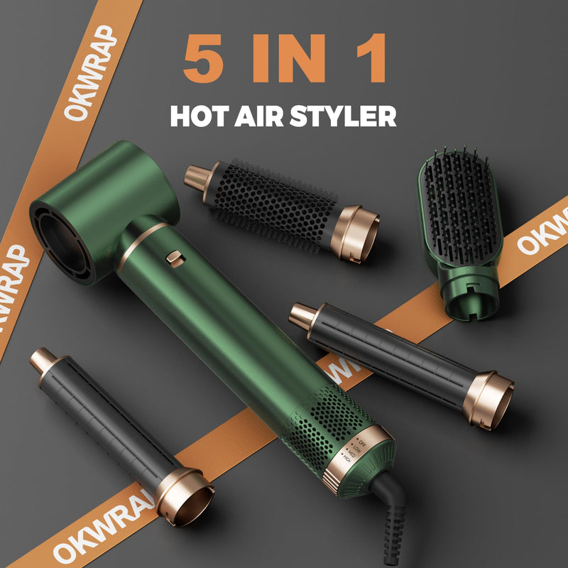 OKWRAP 5 in 1 Hair Styler Airbrush 5 in 1 Airstyler Multi-Blow Dryer Brush | Air Brush 5 in 1 Set with Curl, Straighten, Wavy, Smooth, Magic Styler for All Hair Types and Lengths