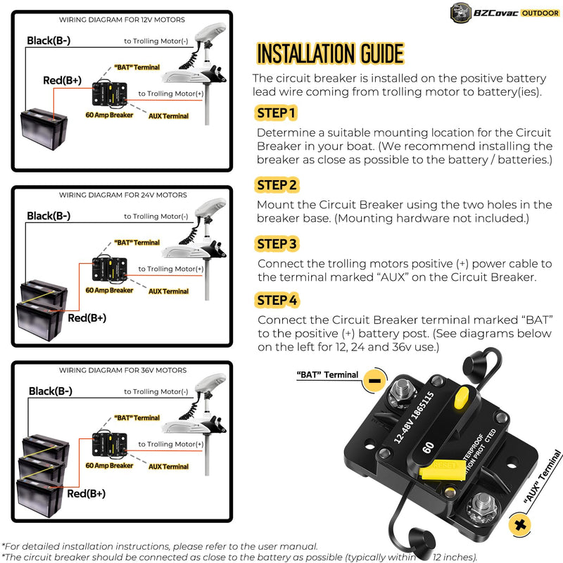 MKR-27 Circuit Breaker for Minn Kota Trolling Motors, 60 Amp, Waterproof Panel Mount, Manual Reset