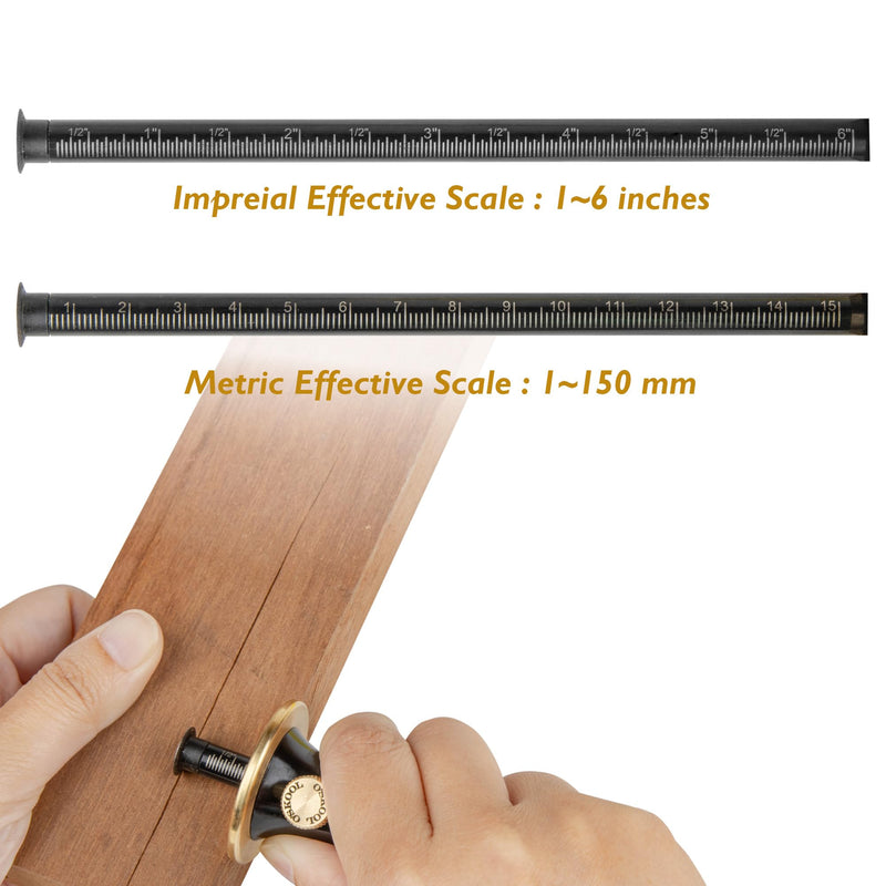 O'SKOOL Wheel Marking Gauge for Woodworking, Precision Scribing Tool with Dual Metric/Imperial Scale, Solid Metal Body, Bearing-Mounted Rolling Cutter, Extra Blade Included, MAM018