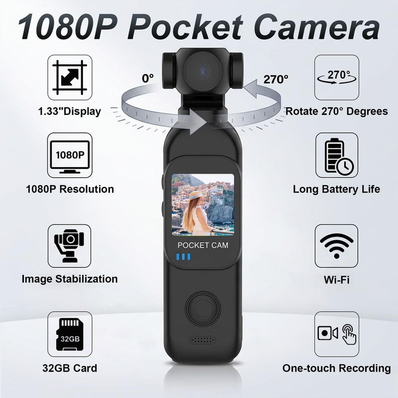 Body Camera with Audio & Video Recording Vlogging Camera Handheld Cam-32GB | POV Camera with 270° Rotating Lens 1080P Pocket Body Cam with External Charging Pod Portable Video Recorder for Outdoor/Sport