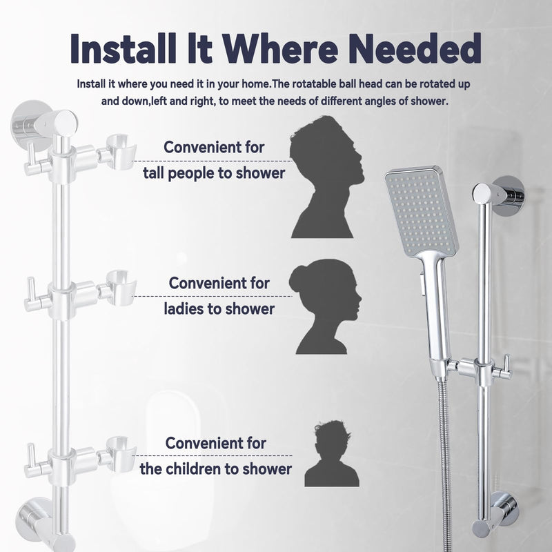Shower Slide Bar Adjustable Handheld Shower Head Holder Wall Mount - 15inch All-Metal Shower Head Slide Bar Compatible with Bathroom Drill Free Glue Installation - Polished Chrome