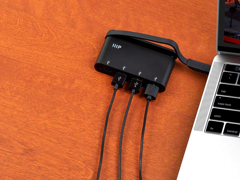 Monoprice 133570 USB-C to 4-Port/USB 3.0 Hub Adapter - Black with Folding USB Type-C Connector - Mobile Series