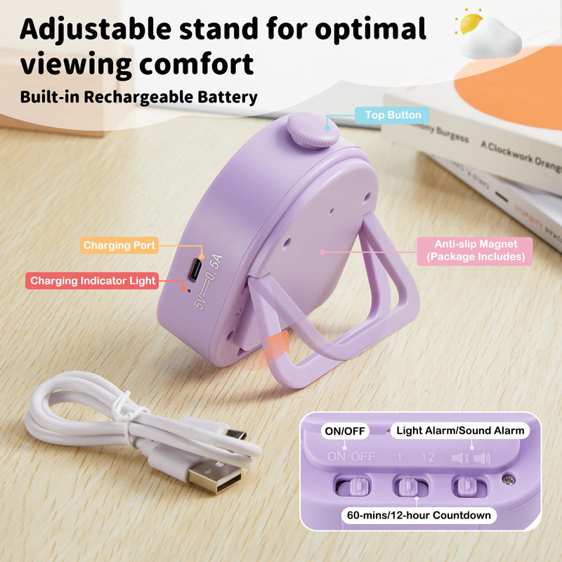 Visual Timer – Rainbow Magnetic Timer for Classroom, 60min/12h Rechargeable Countdown Timers, Silent Pomodoro Timers for Kids & Adults with ADHD Purple