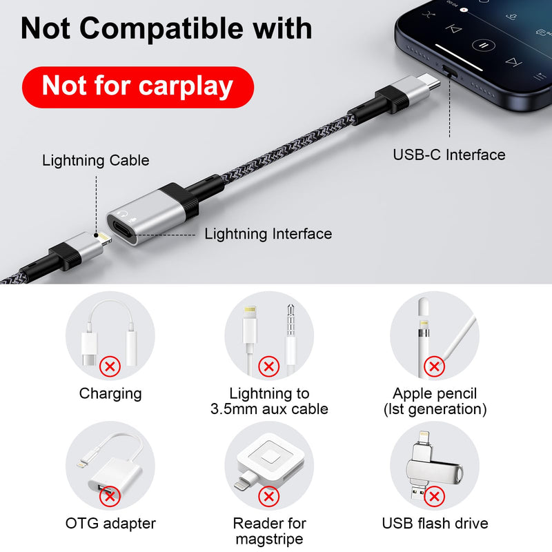 USB C to Lightning Headphone Audio Adapter for iPhone 17e 17 Air Pro Max Air 16e 16 15 Pro Max Plus,iPad,MacBook, USB C Male to Lightning Female Earbuds Audio Adapter Earphone Converter (NO CHARGE) Gray