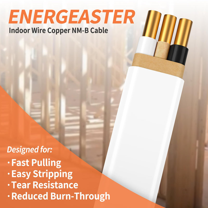 Energeaster Solid Indoor 14/2 W/G NMB Cable 25ft Coil，Electrical Wire 14 Gauge Wire 2 Conductors Non-Metallic with Ground Wire(White) 2x14AWG-White