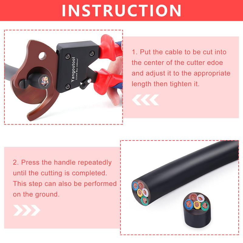 Yangoutool Ratchet Cable Cutter Heavy Duty for Copper and Aluminum Cables, 240mm² Capacity, Sharp Polished Edges, Ideal for Cutting Large Armored Electrical Wires, Perfect for Electricians 325AN