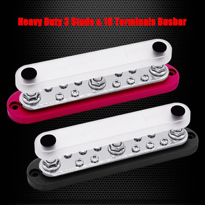 Ampper Power Distribution Block Bus Bar 12V, 3 x M8 (5/16") Studs & 10 x M4 (#8) Terminal Screws, 7" HD 200A Marine BusBar Battery Distribution Block W/Cover (Red & Black) Red & Black 3M8+10M4