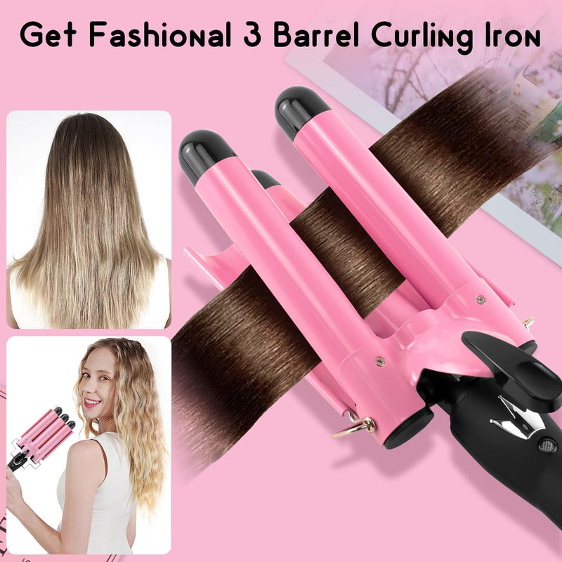  [AUSTRALIA] - 3 Barrel Hair Waver - 25MM Pink Hair Curling Iron with Dual Heat Settings & Temperature Control - Electric Crimper Wand for Big Waves & Curls