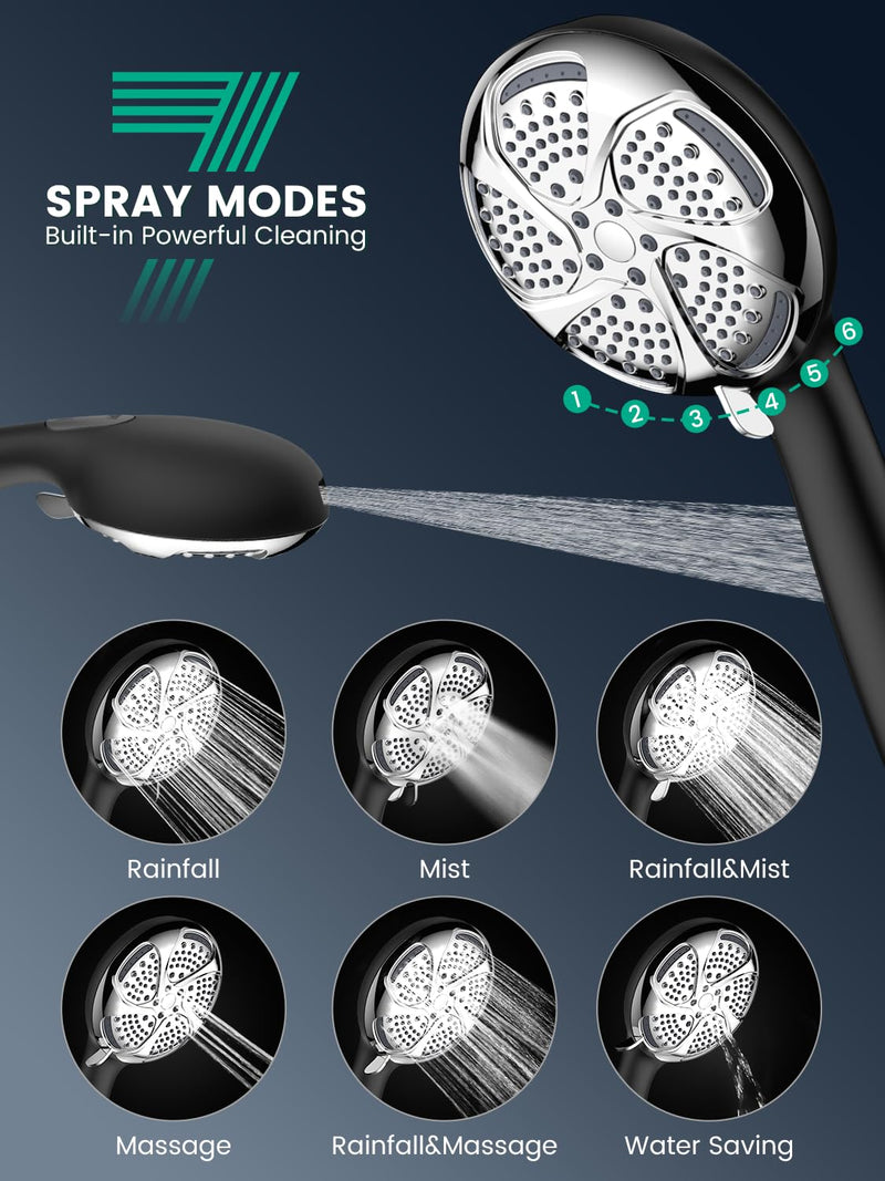 Filtered Shower Head with Handheld, High Pressure 7 Mode ShowerHead with Filters for Hard Water, Anti-clog Nozzles, Built-in Power Wash to Clean, Remove Chlorine - Reduce Dry Itchy Skin Black+Chrome