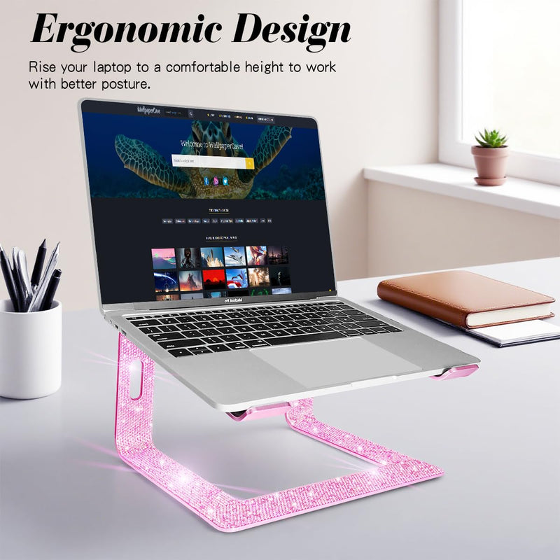 Bling Aluminum Laptop Stand,Glitter Ergonomicic Computer Stand for Desk with Sparkle Rhinestones,Detachable Notebook Riser Compatible with Air, Pro, Dell, HP, 10-15.6" Laptops (Pink) Pink