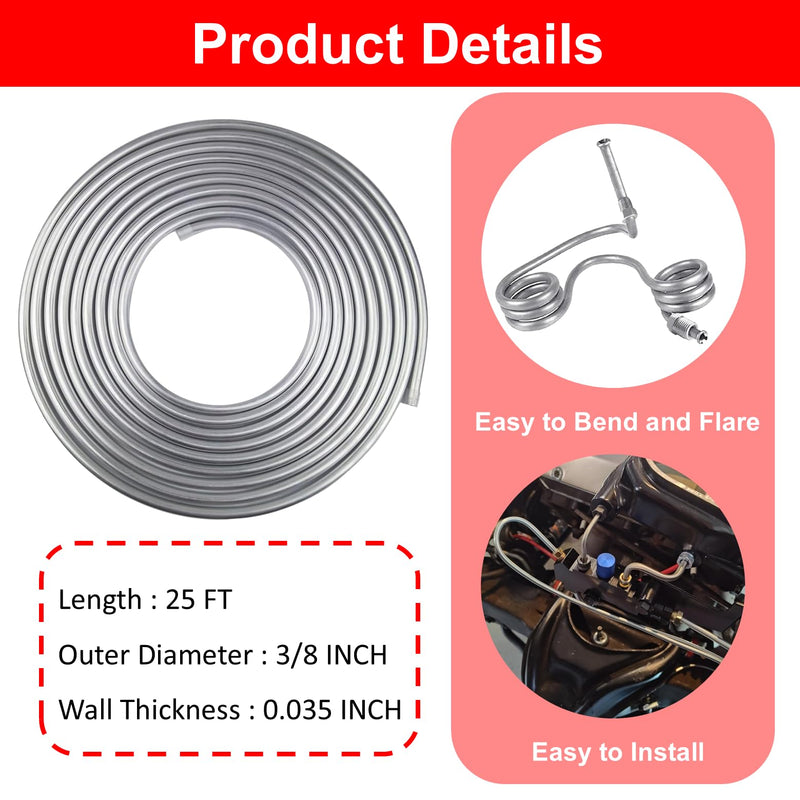3/8" OD Fuel Line, 25FT Transmission Line, 3003 Grade Aluminium Tubing with 6 Clamps/Holders for Brake Line, Metal Gas Line, Refrigeration Equipment 3/8"OD-25FT