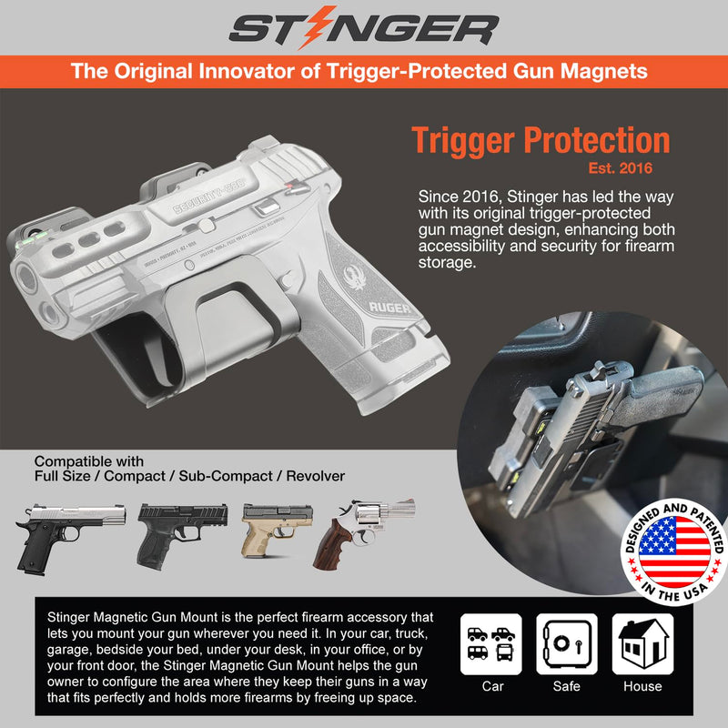  [AUSTRALIA] - Stinger car Holsters for Pistols — Universal Magnetic Gun Mount with Trigger-Guard Receptacle, 30 lb Neodymium Magnet, Protective Rubber Coating — Mounts in Car, Truck, Home, Safe or Wall