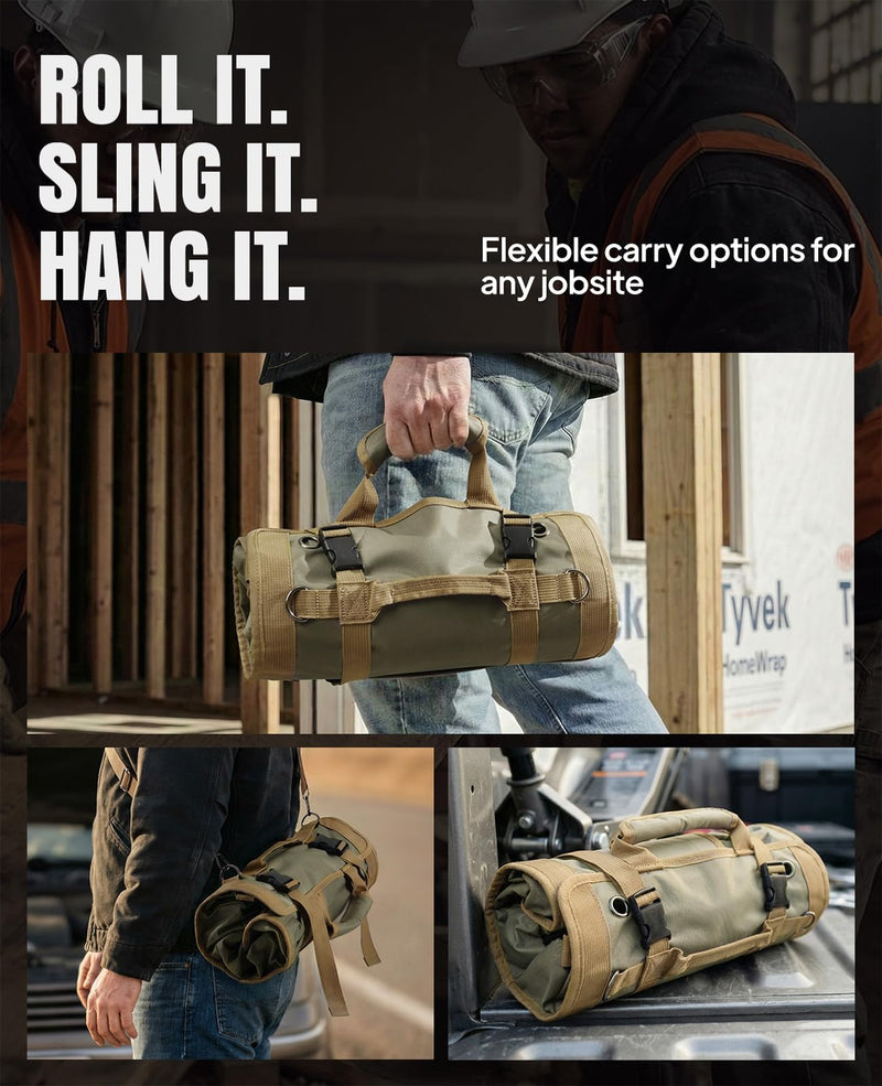 Tool Roll Up Bag, 1680D Heavy Duty Tool Bag Organizer with 2 Detachable Tool Pouches & Multiple Pockets, Waterproof Motorcycle Tool Roll for Mechanic & Electrician, Gift for Men Him Dad, 21.9"*13.8" Khaki