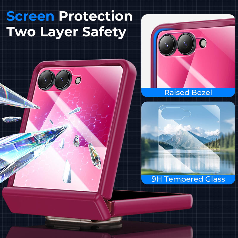 Kaiiecal for Samsung Galaxy Z Flip 7 Case with Ring [Anti-Yellowing][Built-in Screen Protector][Hinge Protection] Translucent Matte Shockproof Protective Slim Case for Galaxy Z Flip 7(Magenta) Magenta