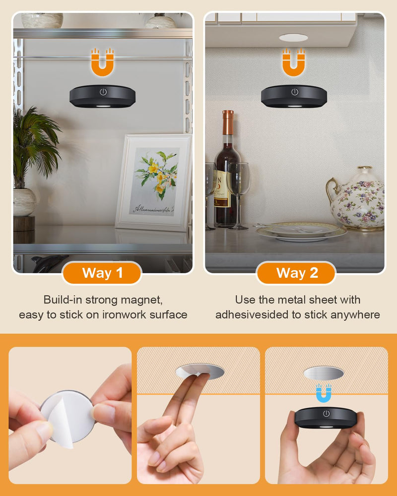 WILLED Under Cabinet Lighting Wireless,RGB Rechargeable Puck Lights with Remote Control,Battery Touch Tap Light with Timer Function,Stick On LED Lights for Kitchen,Cabinet,Counter,Closet,Shelf,6 Pack 6 Pack RGB Multicolor