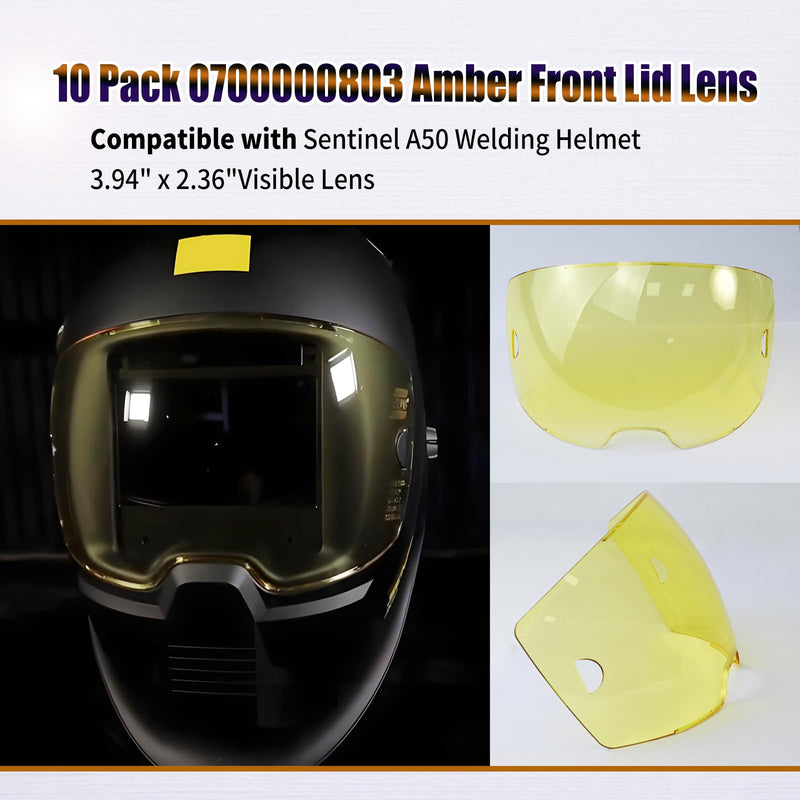 10 Pack 0700000803 Amber Front Lid Lens,Front Cover lenses Compatible with Sentinel A50 Welding Helmet,3.93" x 2.36" Viewing Lens,A50 welding face mask lens Replacement parts