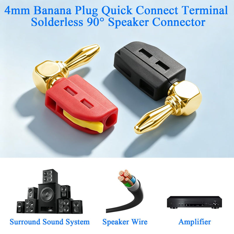 QIANRENON 90° 4mm Banana Plug Quick Connect Connector Gold Plated 6 Leaf Banana Plug solderless Right Angle Audio Adapter High Current 32A, for DIY Hi-Fi Speaker Amplifier, Red + Black