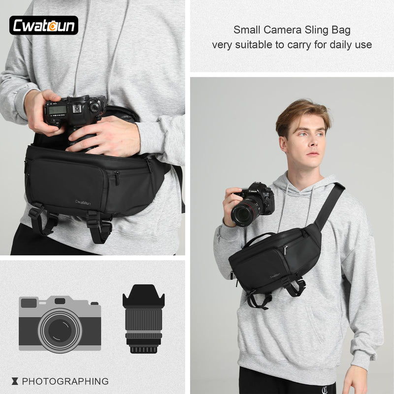 Cwatcun Large 3-in-1 Camera Waist Bag, Crossbody Fanny Pack for DSLR | 3-in-1: waist/crossbody/shoulder. Fits1 body+2lenses+tripod+flash. Waterproof, padded, detachable tripod strap. Black