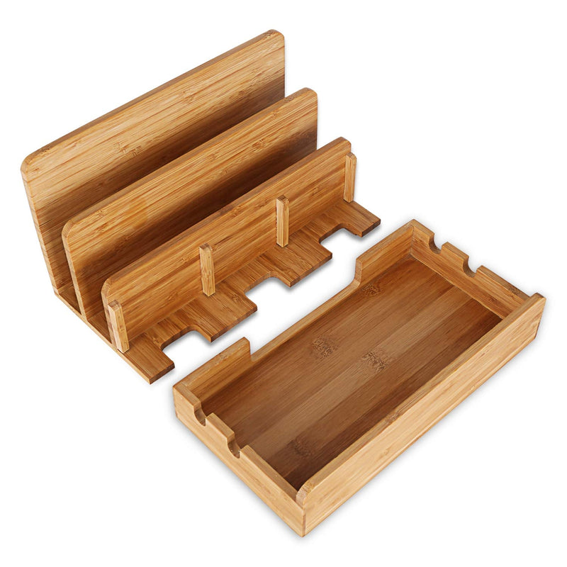 Bamboo Wood Multi-Device Desktop Charging Dock Station Charger Holder Cradle Stand Compatible for iPhone 16 15 14 13 12 11 Pro Max iPad mini Pro Air Laptop Tablets Samsung LG Sony Smartphones Large