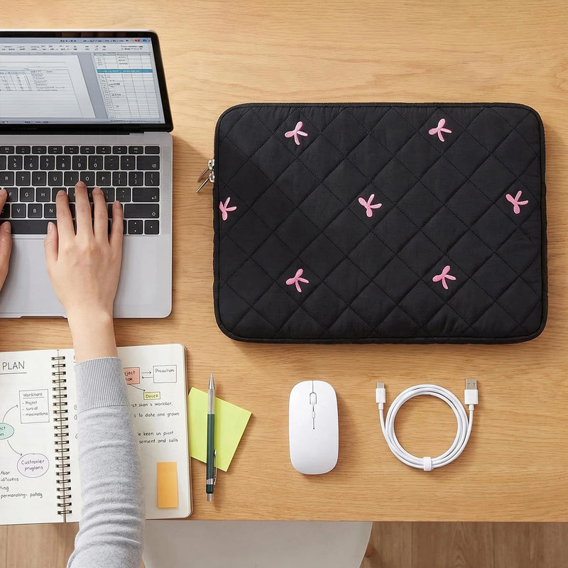15-16 Inch Laptop Sleeve, Bow Embroidered with Pouch, Black | Quilted Shockproof Padding, Scratch-Resistant Lining, Water Resistant Fabric, Accessory Pouch, Slim for Work, School & Travel 15-16 Inch