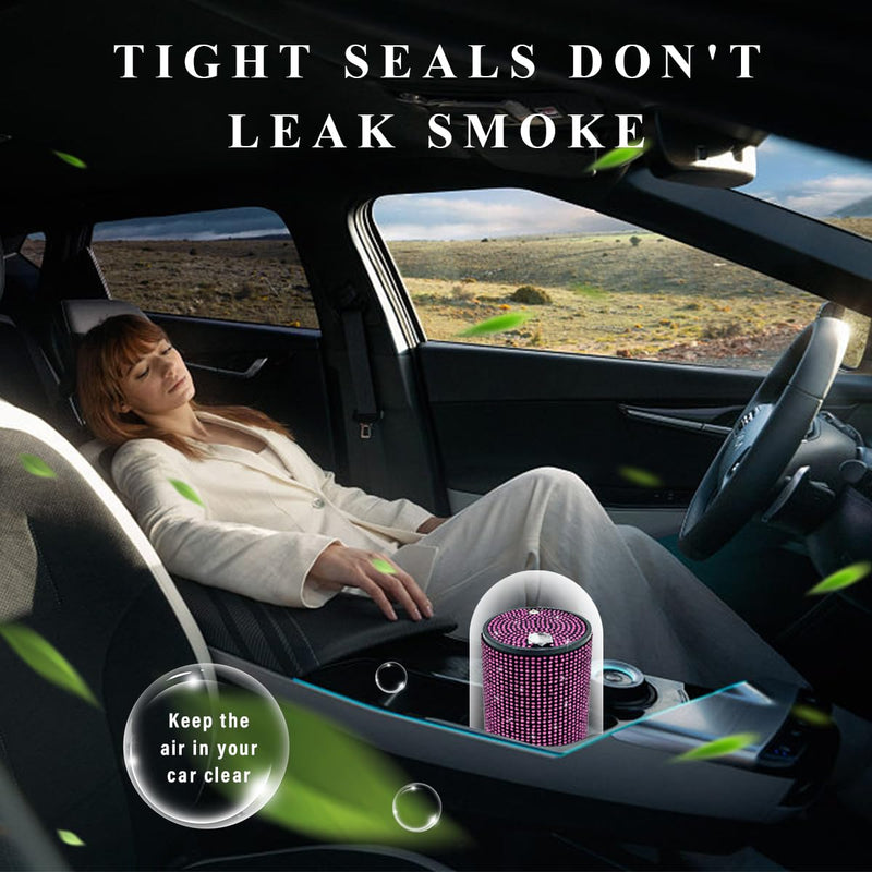Bling Car Ashtray, Rhinestones Auto Mini Car Ashtray Portable with Lid Smell Proof, Smokeless Vehicle Cigarette Ashtray Ash for Women, Universal Interior Car Accessories (Pink) Pink