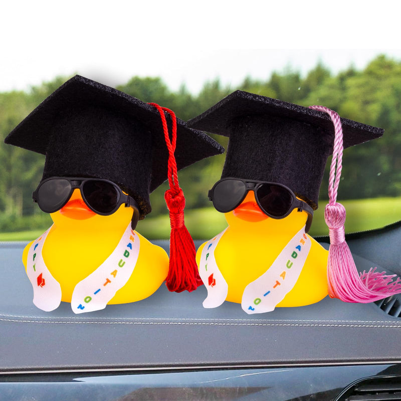 Graduation Duck Car Ornament, Rubber Duck Car Dashboard Decor with Mini Graduation Hat Sash Sunglasses G12-sunglasses-pink Tassel
