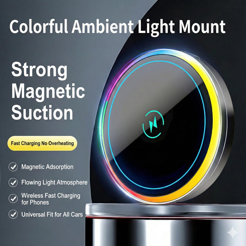 Wireless Car Charger with Semiconductor Cooling, Magnetic Phone Mount for iPhone 17/16/15/14/13 Series, 15W Fast Charging Car Holder with RGB Ambient Light, Auto-Aligning Vent Clip Mount