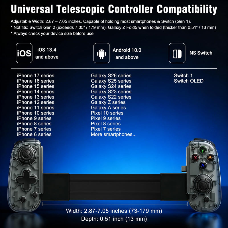 Joso Mobile Game Controller with USB-C Plug & Play, Wireless & Wired Gamepad for iPhone/Android & Switch with Hall Effect Joysticks/Dual Vibration/Turbo, Supports Cloud Gaming & Streaming (Black) Black