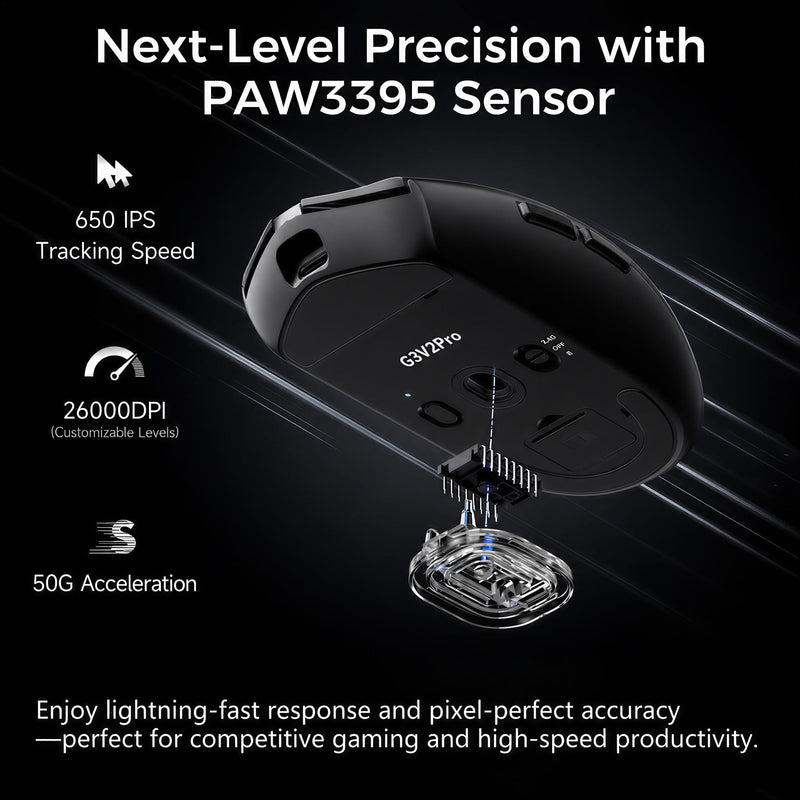 MCHOSE G3 V2 Pro Wireless Gaming Mouse, Symmetrical, PAW3395, 26K DPI, Tri-Mode Connection, Wireless/Wired 1K Polling, 59g Weight, 800mAh Battery - Black