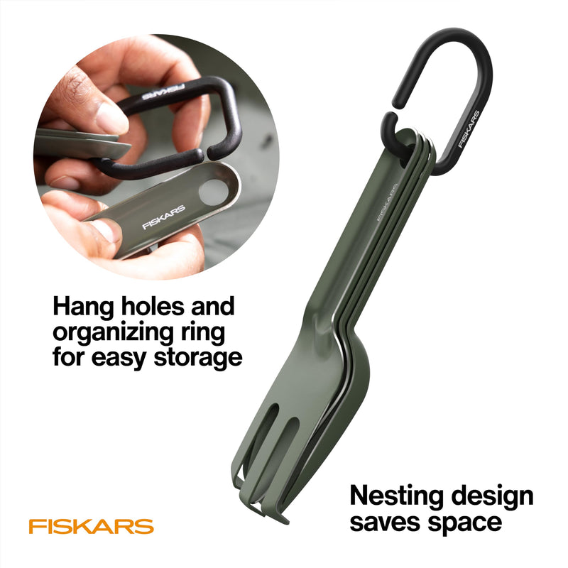 Fiskars 5-Piece Plant Cultivating Tool Set, Nesting Trowel, Soil Scoop, Cultivator, Tongs & Brush for Indoor Gardening, Stainless Steel w/Green Powder Coat Finish, Space Saving Design for Houseplants 5-Piece Set