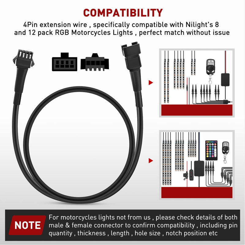 Nilight Extension Cable for Motorcycle LED Strip Lights 4PCS 2 Feet Extension Cords 3PCS 2 Way Y Splitter 4PIN Extension Cord for Underglow Neon Accent Light Strips Rock Lights