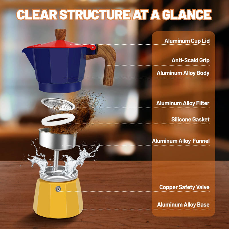 3 Cup Aluminum Espresso Stovetop Moka Pot Express Coffee Maker Percolator Italian Classic Mocha Coffee Machine for Italian and Cuban Cafe Brewing for Home & Camping 150ml 5oz Blue/Yellow 3 Cup