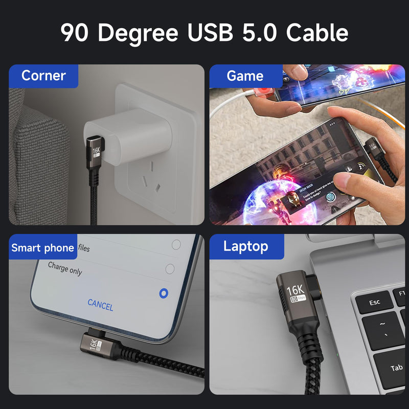 right angle USB-C Cable 3.3FT Compatible With Thunderbolt 5/4,Type C 240W Fast Charging,USB C 16K@60Hz/8K@120Hz HD Video Output for Display,USB 5/4 90 degree Cable 80Gbps Data Transfer for SSD/Dock. 3FT