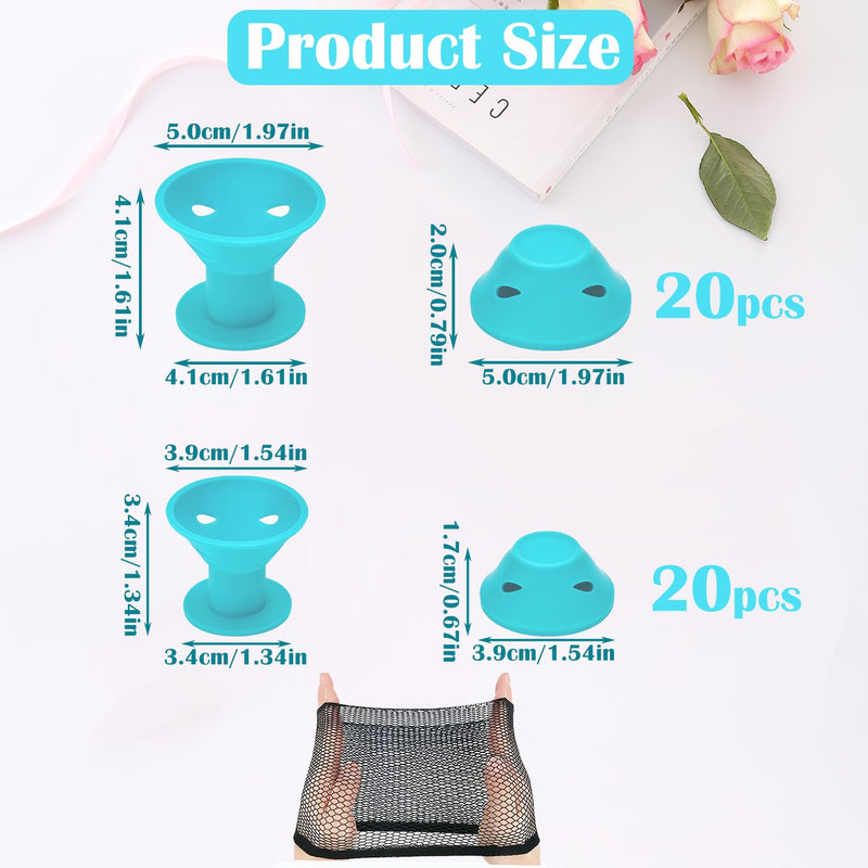  [AUSTRALIA] - Silicone Hair Rollers Heat-Free Styling, 40 Pack (20 Large + 20 Small) with Hairnet in PVC Bag, Safe Hairdressing Tool for Women and Girls(light blue) Light blue