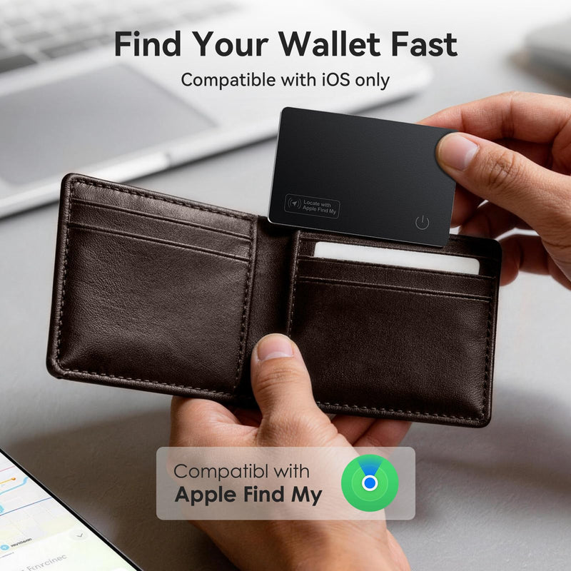 Wallet Tracker Card Compatible with Apple Find My iOS only | 0.07in Slim Wallet Finder, IP68 Waterproof, Tracking Card for Wallet, Luggage Tag, Passport & Purse, Wireless Rechargeable Carbon Black 1