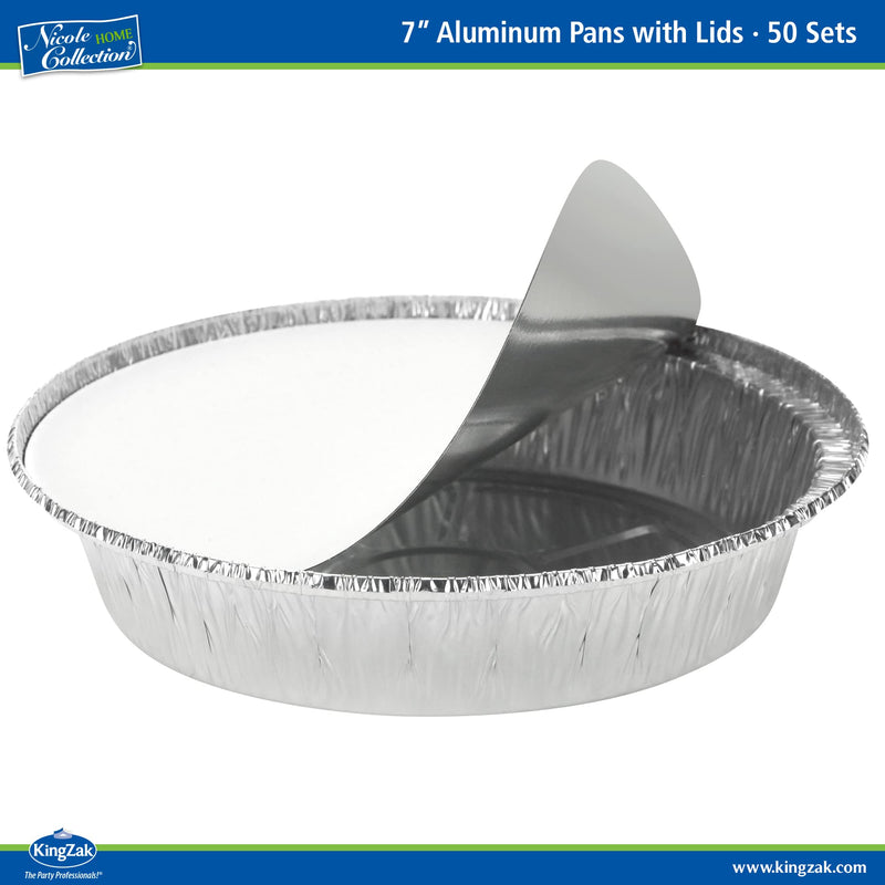 Nicole Home Collection Aluminum Pans 7” Round Disposable Foil Pans With Lids (50 Pack) – 7 Inch Round Disposable Takeout Pans With Board Lids (7" Inch Round) 7" Pans & Board Lids - 50 Sets