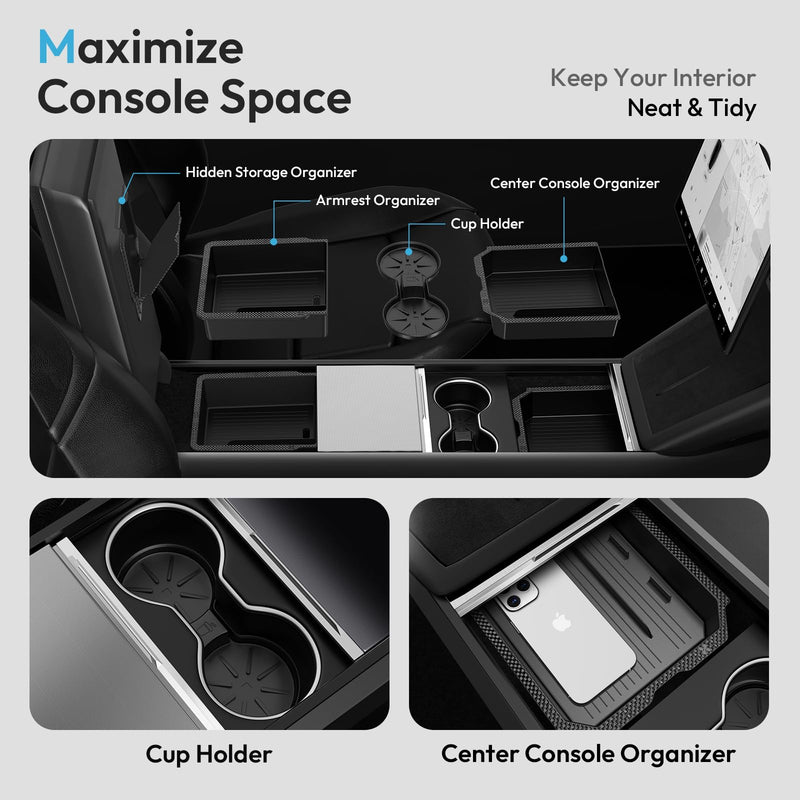 Upgraded Tesla Model Y Juniper Accessories 2026-2025 Center Console Organizer Tray 5PCS for Tesla Model 3 Accessories 2025 Highland, Hidden Storage Box, Cup Holder & Armrest Drawer Organizer BLACK