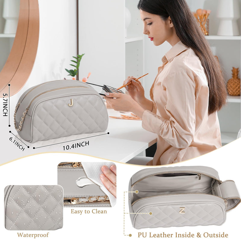 COSHAYSOO Fashion Thanksgiving Thank You House Warming Gifts for Hostess Women, Large Capacity Quilted Leather Makeup Bag Travel Beauty Cosmetics Skin Care Toiletry Organizer Taupe Monogram Letter J