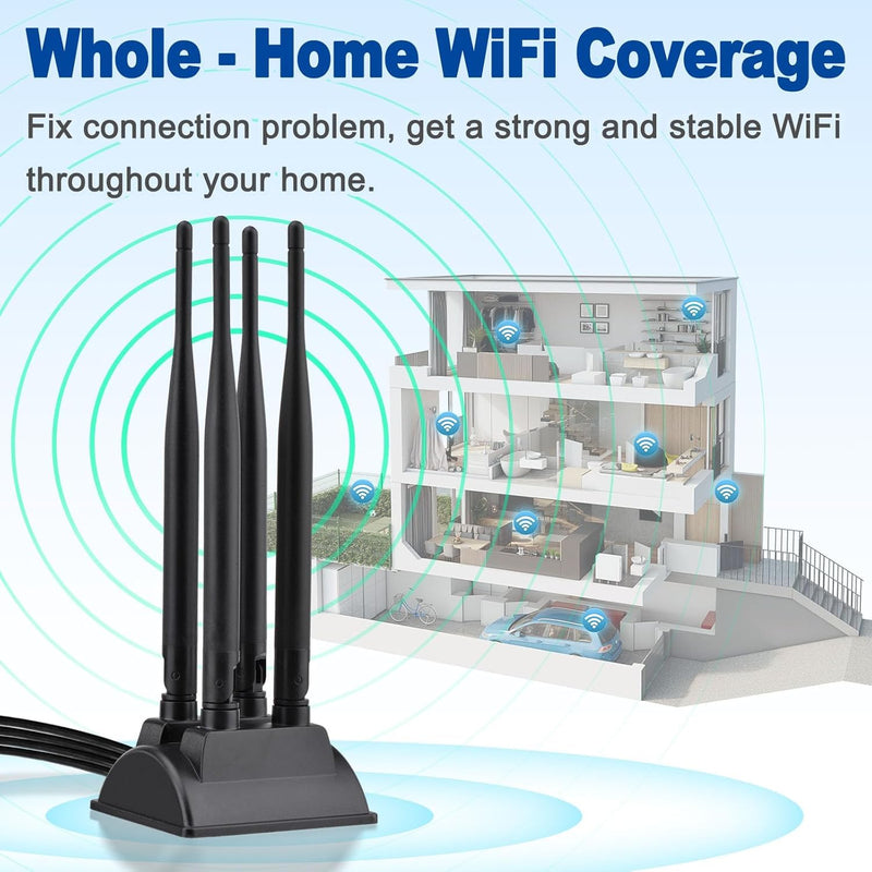 Eightwood Dual Band WiFi 6 Antenna 2.4GHz 5GHz, 4 RP-SMA Connector WiFi Antenna Magnetic Base for PC Desktop Computer PCIe Bluetooth Card Wireless Router and Access Point