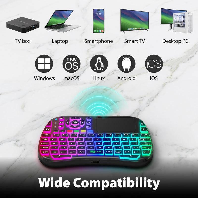 Fosmon Mini Keyboard with Touchpad Mouse, 2.4G & 5.2 Dual-Mode Multimedia Hotkeys, Small Wireless Bluetooth Handheld Keyboard with RGB Backlit for Android TV Box, Smart TV, Raspberry Pi, PC, Phone