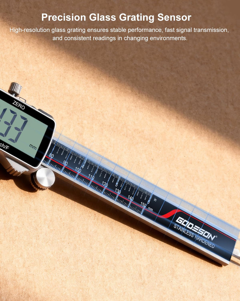 GODESON Digital Caliper, Rechargeable Digital Micrometer-IP54 Waterproof, Stainless Steel & Large LCD Screen Caliper Measuring Tool-Inch/Metric/Fraction,6" Calipers-Auto Off for Pros & DIYers 6-INCH Micro-B
