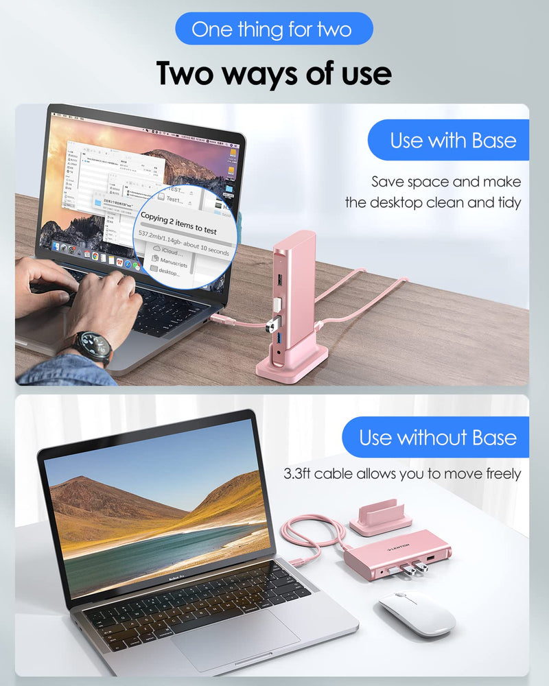 LENTION USB C Docking Staion 4K@60Hz, Ethernet, 5xUSB Ports, 100W PD, Audio | 9 in 1 Dock, 3.3ft Long Cable, Detachable Design, No Driver, Compatible with macOS, Windows & ChromeOS (D53, Rose Gold)