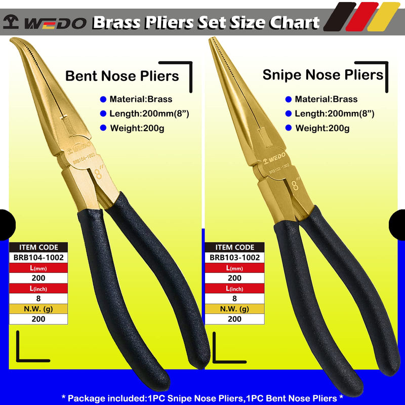 WEDO Brass Pliers Set - Non-Slip Handle, 8" Snipe Nose & Bent Nose Pliers, 200mm 2PCS Set A