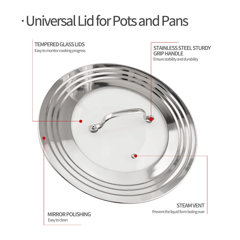 Stainless Steel Universal Lid for Pots, Pans and Skillets-Fits 7" to 12" Replacement Frying Pan Cover and Cast Iron Skillet Lid