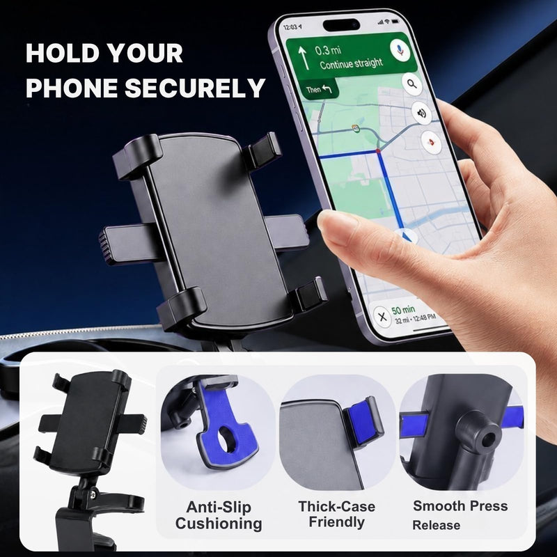 Car Phone Holder, Dashboard Clip Mount, 360° Rotation for 4–7" Phones | Dashboard Clip Mount, 360 Degree Rotation, Sun Visor & Rearview Mirror Use, Strong Spring Clamp, No Suction Residue Black