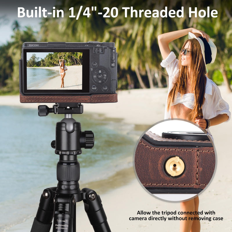MUZIRI KINOKOO Genuine Leather Case for Ricoh GR IV/GR III/GR III X | Protective Case for GR IV/GR III/GR IIIX Camera,with Opening Bottom and Hand Grip Design,with Screw for Tripod Mounted -Brown Brown