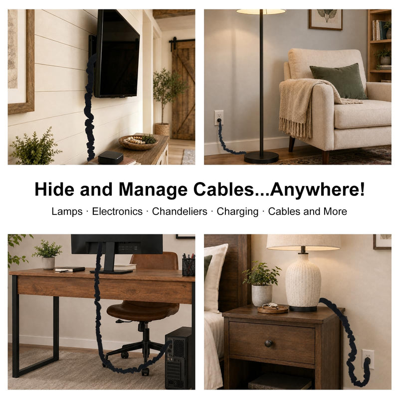 Black Farmhouse Cord Hider, TV Cord Cover and Cable Sleeve, 2 Pack 70.8 in with Button Snap Closure for Lamp Cord Black