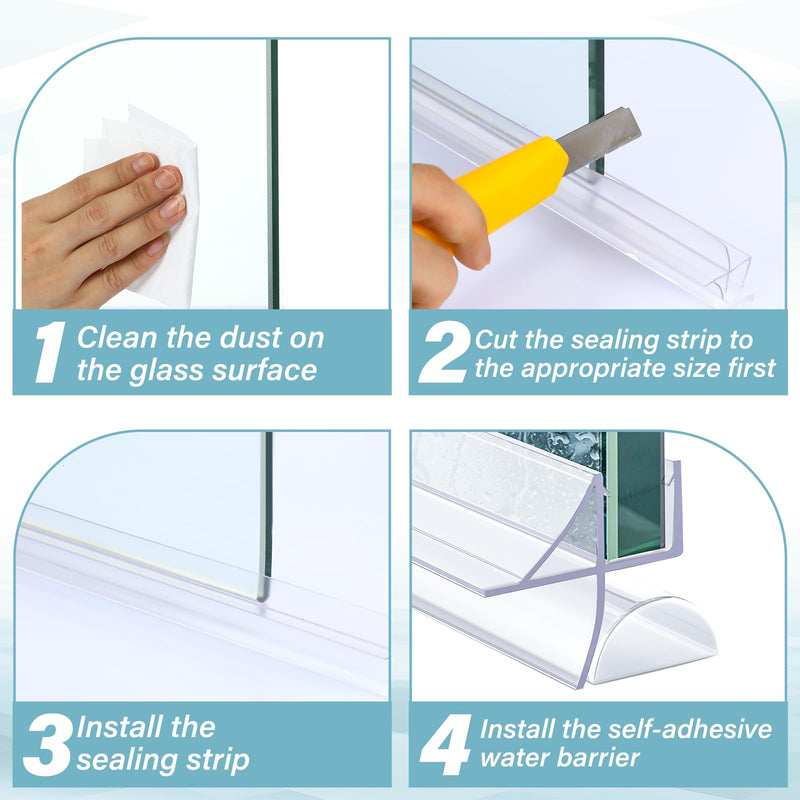 Pushglossy Shower Door Bottom Seal 2 Sets 3/8" x 39.37" Frameless Glass Shower Door Sweep Seal Strip with Drip Rail, Stop Water Leaks Classic Style