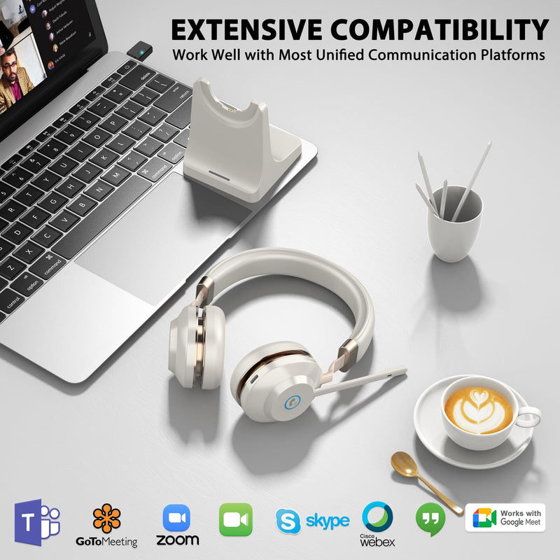Wireless Headset with Mic for Work, V5.2 Bluetooth Headset with Microphone Noise Canceling & Charging Base, Wireless Headphones with Mic Mute Button & USB Dongle 45Hrs for Laptop/PC/Call Center/Home Gold White